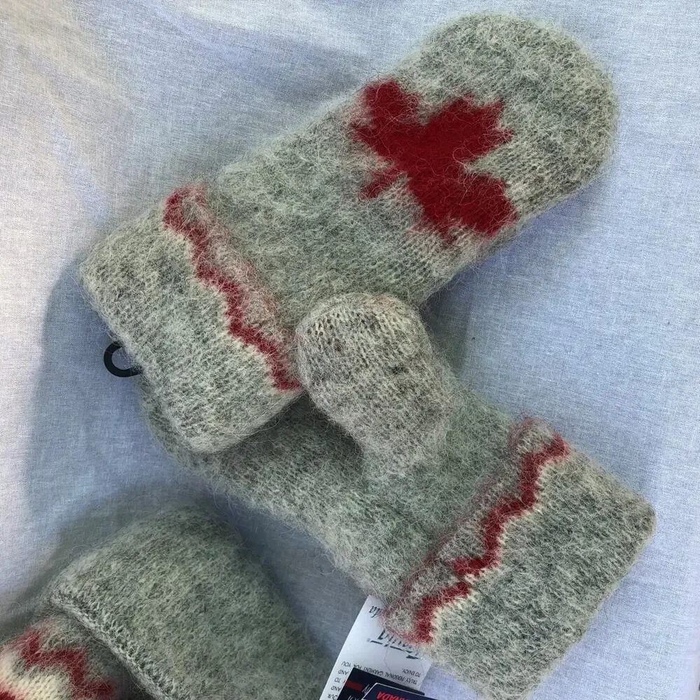 Freya Icelandic Wool Winter Set Hat Mitten Canada Maple Leafs Pom Lined NEW